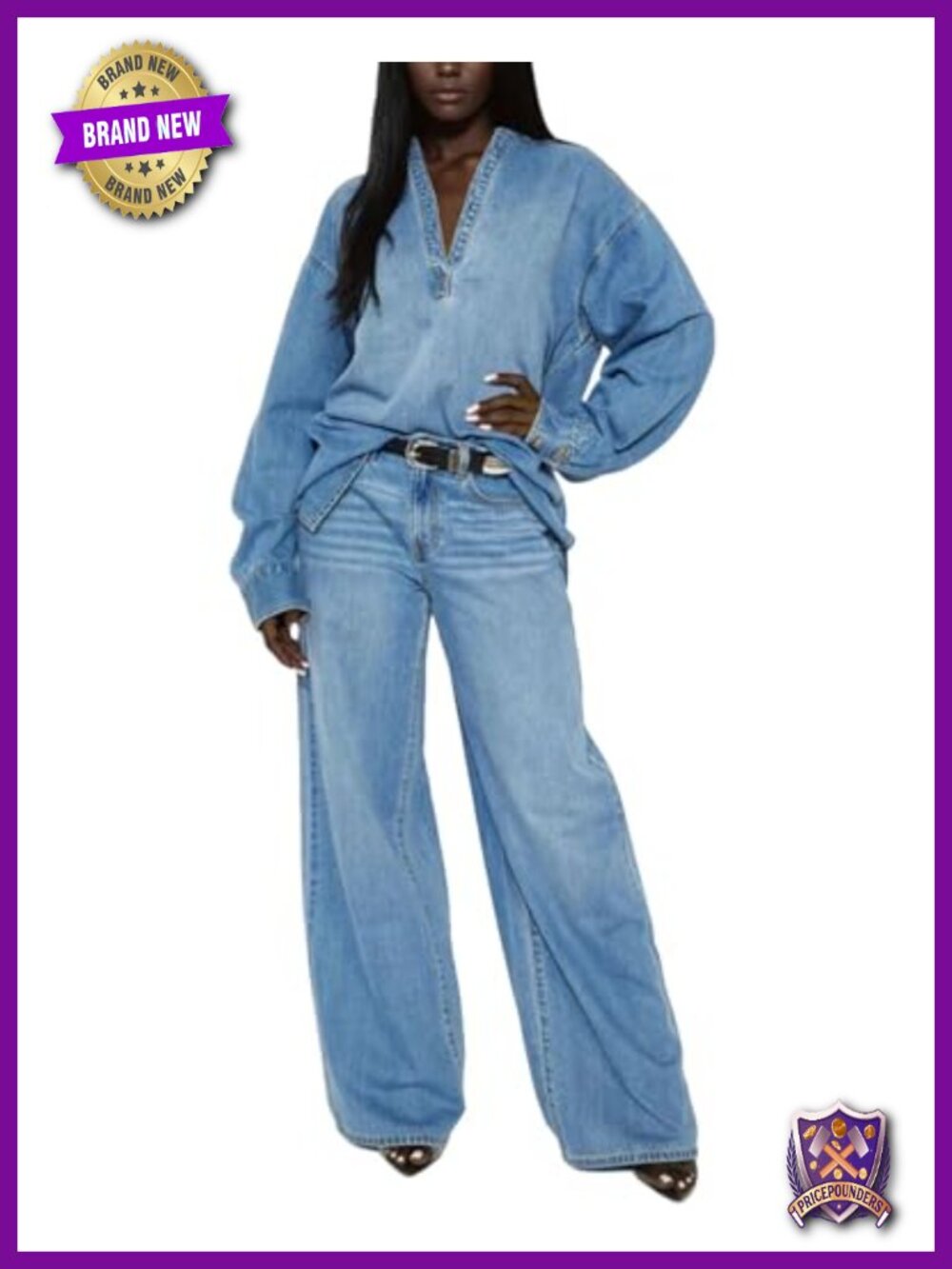 Denim Two Piece Set Long Sleeve Top Wide Leg Jeans Y2K Streetwear